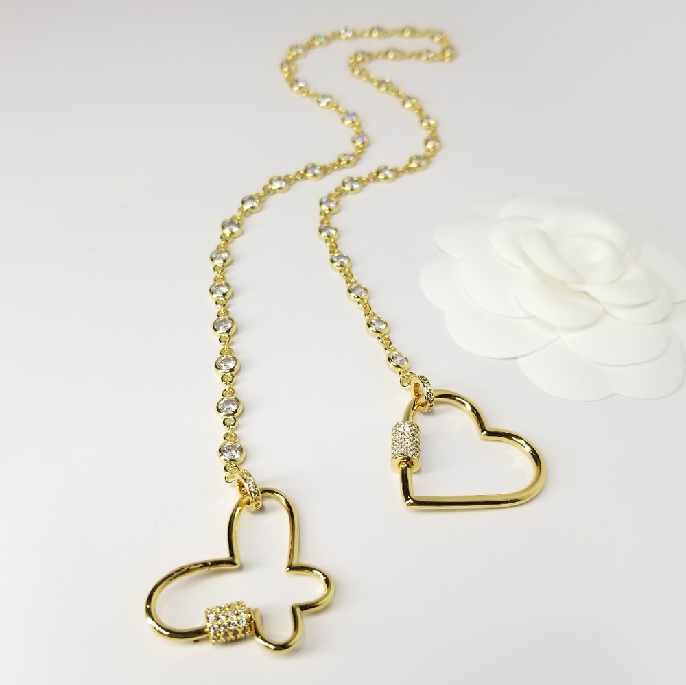 Heart & Butterfly Lock CZ Necklace Mask Hold - Picture 1 of 8